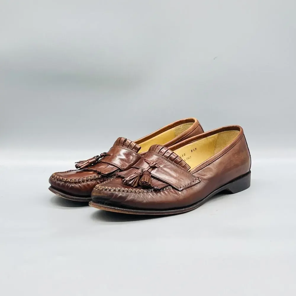 Johnston & Murphy Shoes Men 8.5 Brown Leather Kiltie Tassel Loafer Italy Dress